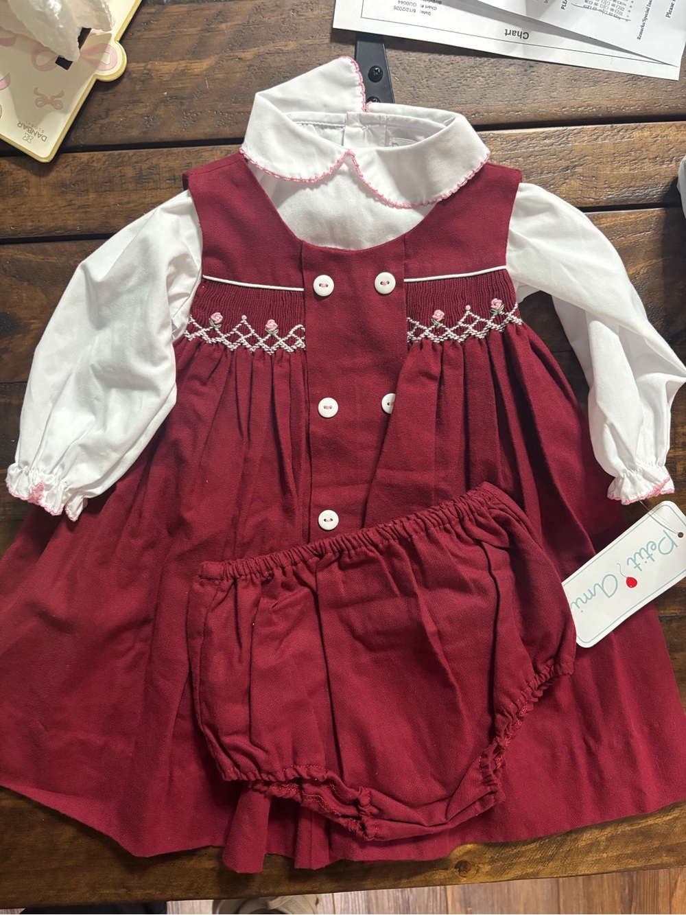 Petit Ami Burgundy Smocked Dress with White Blouse & Bloomer